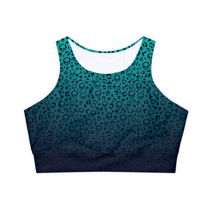 Cheetah Skull in Blue Fully Lined, Padded Sports Bra, Blue Leopard Print Sports Bra, Lined Athletic Top, Fitness Apparel