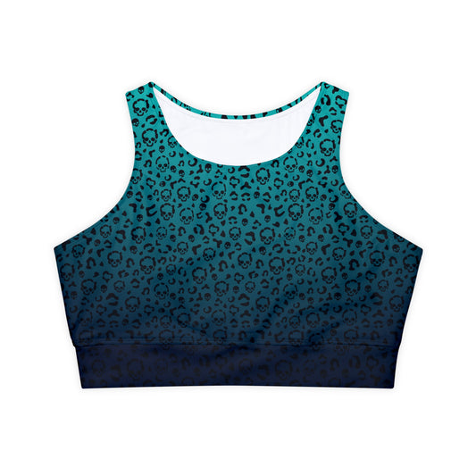 Cheetah Skull in Blue Fully Lined, Padded Sports Bra, Blue Leopard Print Sports Bra, Lined Athletic Top, Fitness Apparel