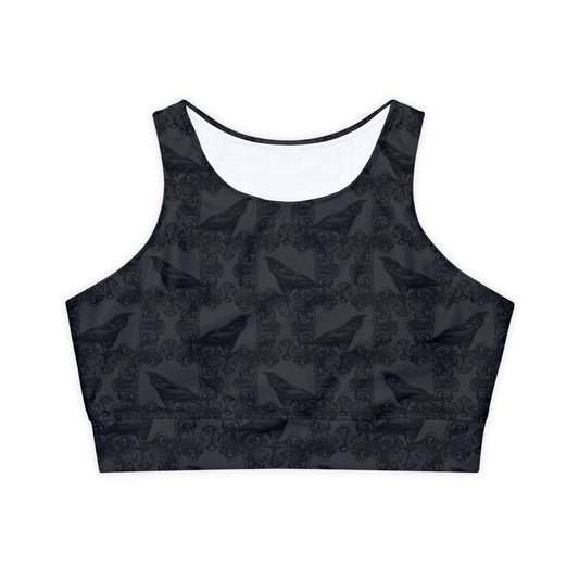 Gothic Raven Fully Lined, Padded Sports Bra, High Neck Sports Bra, Lined Athletic Top, Fitness Apparel