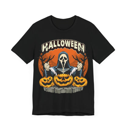 Halloween Ghost Face Jersey unisex tee, Halloween Graphic Tee, Spooky Shirt, Trick or Treat Tee, Halloween Costume, Festive Gift