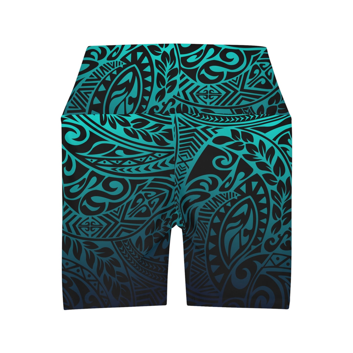 Polynesian Tribal in Teal High Waisted Yoga Shorts