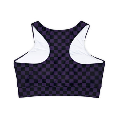 Black and Purple Checkerboard Fully Lined, Padded Sports Bra, Black and White Sports Bra, Lined Athletic Top, Fitness Apparel