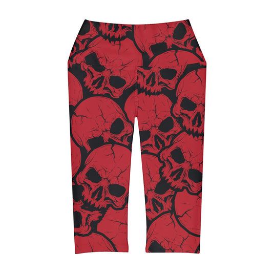 Skulls in Black and Red Yoga Capri Leggings