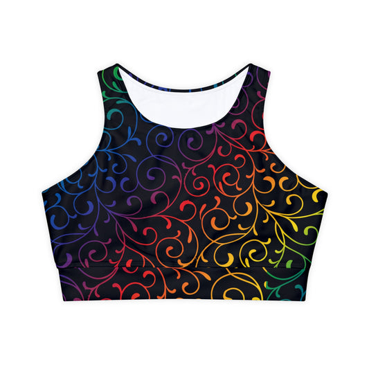 Rainbow Swirls Fully Lined, Padded Sports Bra, High Neck Sports Bra, Lined Athletic Top, Fitness Apparel