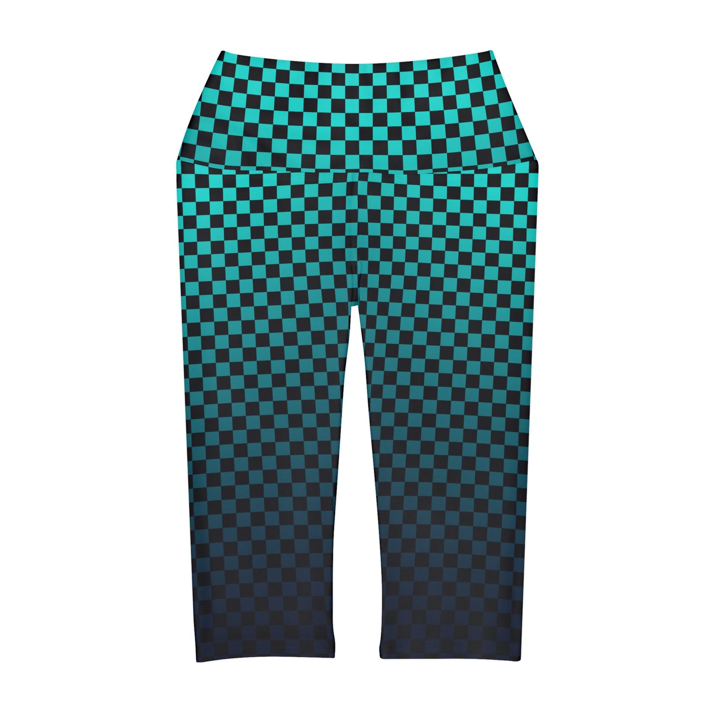 Checkerboard in Black and Teal Yoga Capri Leggings