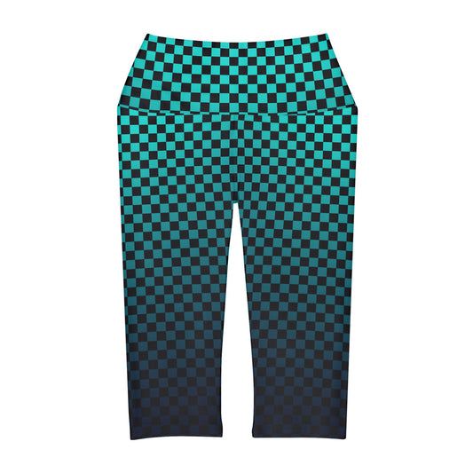 Checkerboard in Black and Teal Yoga Capri Leggings