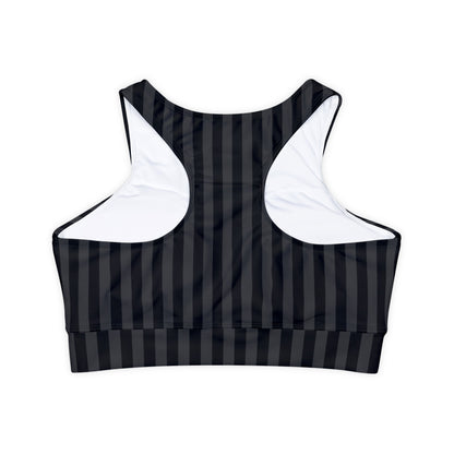 Black and Grey Striped Fully Lined, Padded Sports Bra, High Neck Sports Bra, Lined Athletic Top, Fitness Apparel