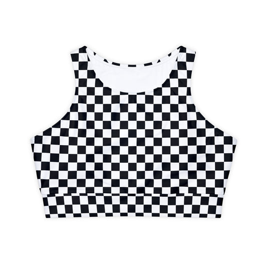 Black and White Checkerboard Fully Lined, Padded Sports Bra, Black and White Sports Bra, Lined Athletic Top, Fitness Apparel