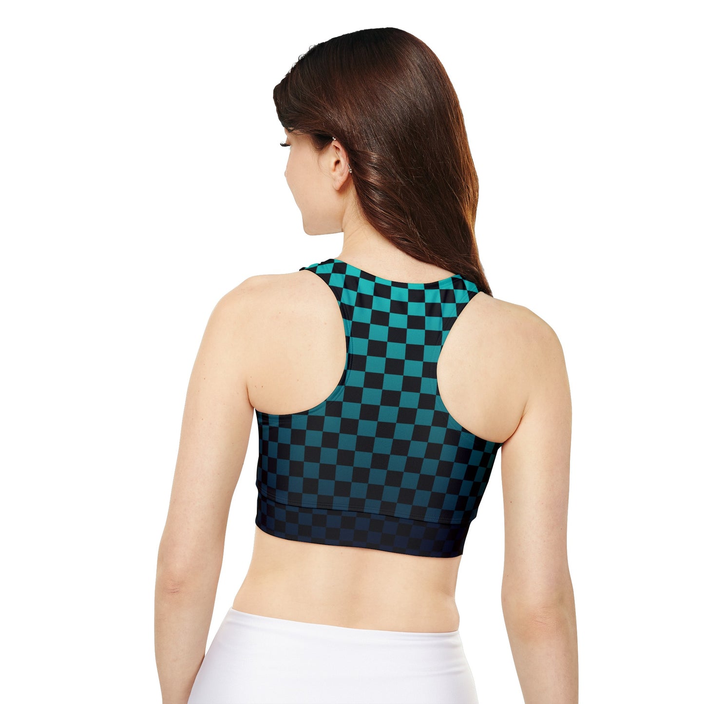 Black and Teal Checkerboard Fully Lined, Padded Sports Bra, Black and White Sports Bra, Lined Athletic Top, Fitness Apparel