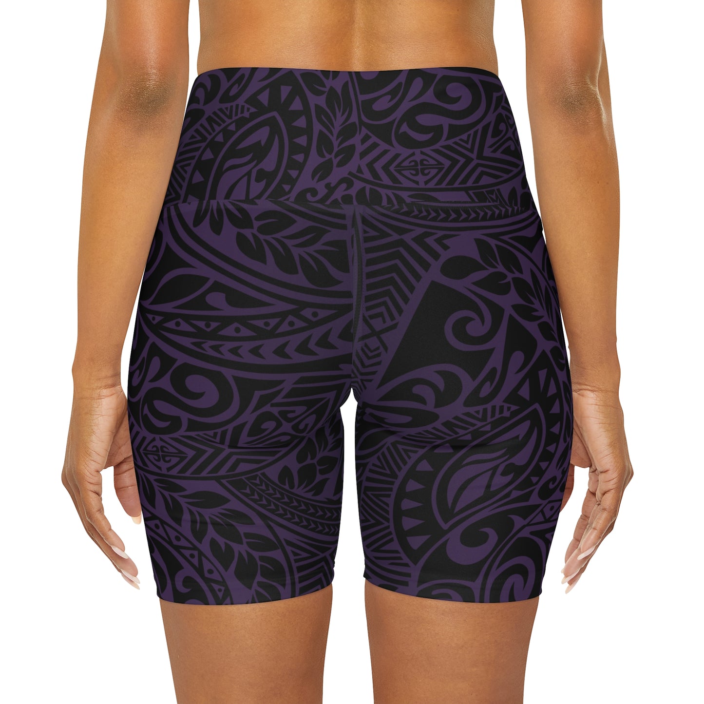 Polynesian Tribal in Purple Waisted Yoga Shorts