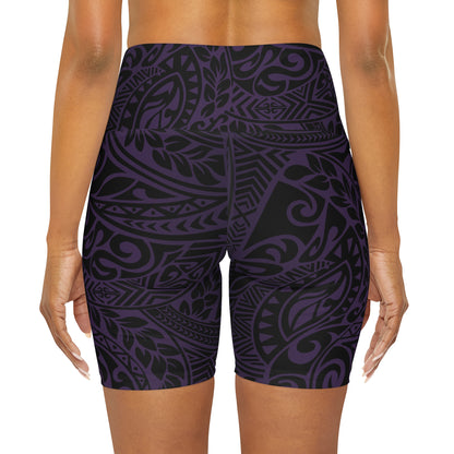 Polynesian Tribal in Purple Waisted Yoga Shorts