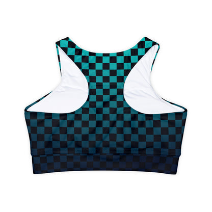Black and Teal Checkerboard Fully Lined, Padded Sports Bra, Black and White Sports Bra, Lined Athletic Top, Fitness Apparel