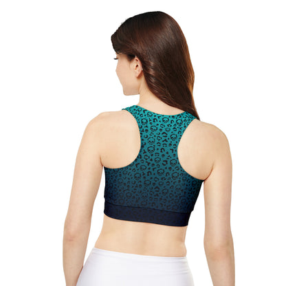 Cheetah Skull in Blue Fully Lined, Padded Sports Bra, Blue Leopard Print Sports Bra, Lined Athletic Top, Fitness Apparel