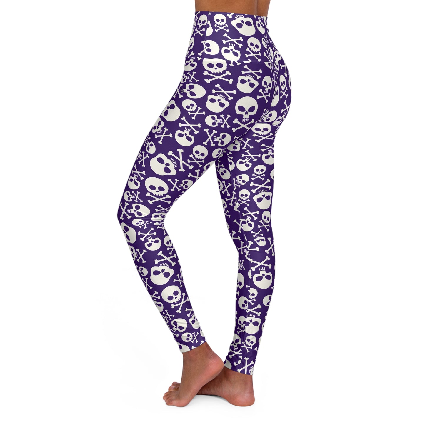 White skull and cross bones on purple High Waisted Yoga Leggings