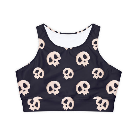 Skulls Fully Lined, Padded Sports Bra, Black and White Sports Bra, Lined Athletic Top, Fitness Apparel