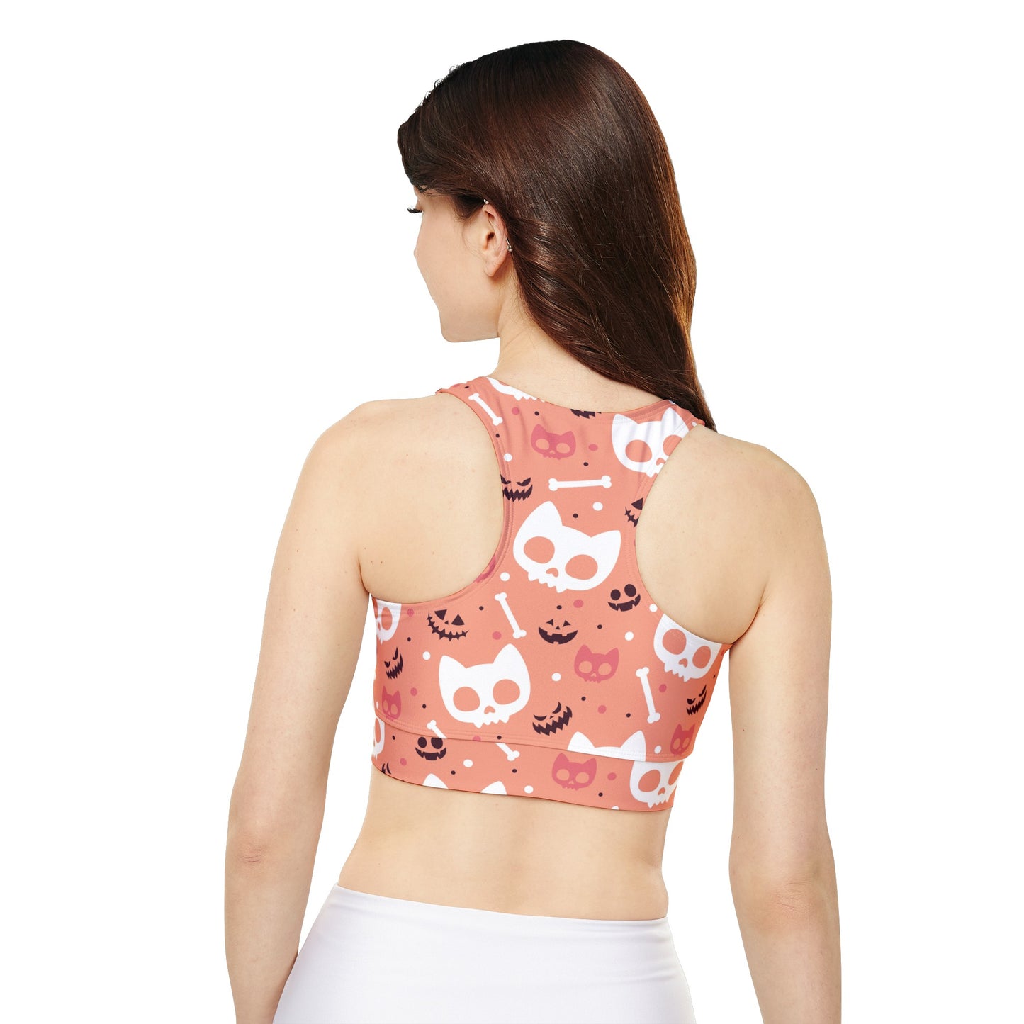 Kitty Skulls in Salmon Fully Lined, Padded Sports Bra, Black and White Sports Bra, Lined Athletic Top, Fitness Apparel