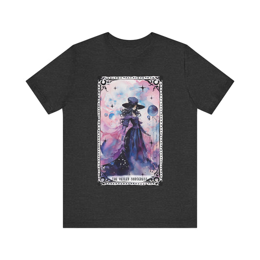 The Veiled Sorceress Jersey unisex tee, Halloween Graphic Tee, Spooky Shirt, Trick or Treat Tee, Halloween Costume, Festive Gift