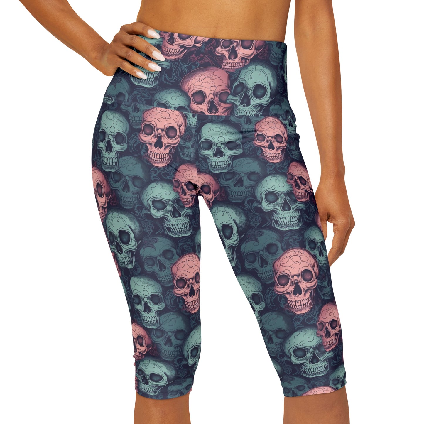 Pink and blue skulls Yoga Capri Leggings