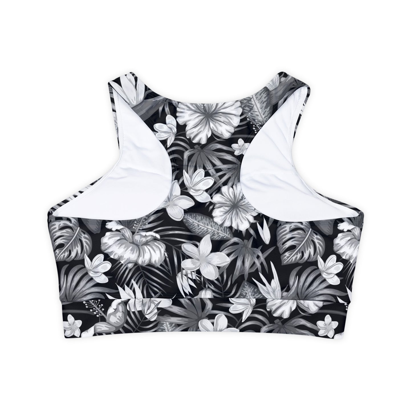 Island Floral Fully Lined, Padded Sports Bra, Black and White Sports Bra, Lined Athletic Top, Fitness Apparel
