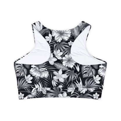 Island Floral Fully Lined, Padded Sports Bra, Black and White Sports Bra, Lined Athletic Top, Fitness Apparel